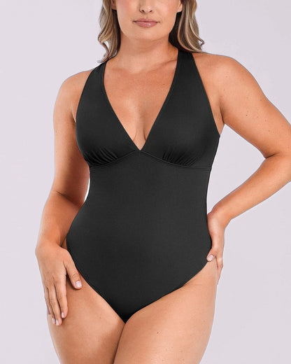 Deep V-Neck Cross Back Thong Bodysuit