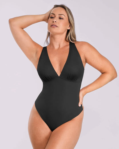 Deep V-Neck Cross Back Thong Bodysuit