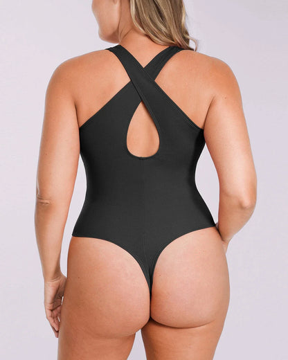 Deep V-Neck Cross Back Thong Bodysuit