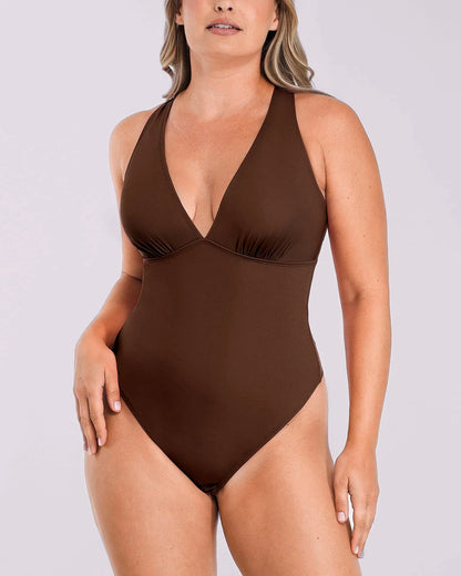 Deep V-Neck Cross Back Thong Bodysuit