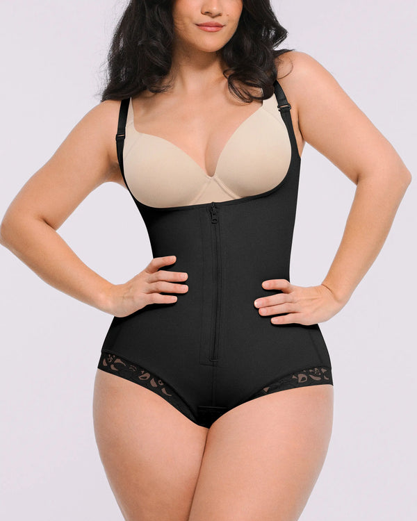 Zipper Front Open Bust Brief Bodysuit