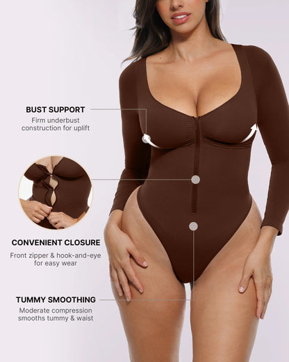 Skin Flow Long Sleeve Zipper Front Thong Bodysuit