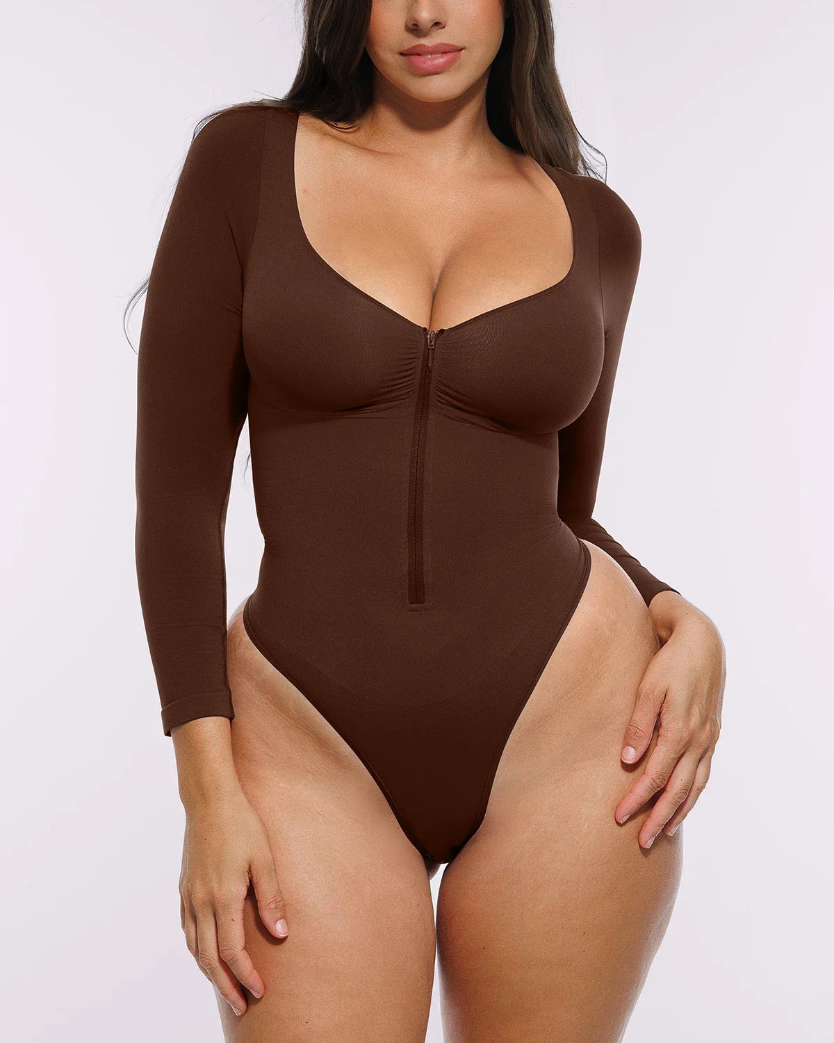 Skin Flow Long Sleeve Zipper Front Thong Bodysuit