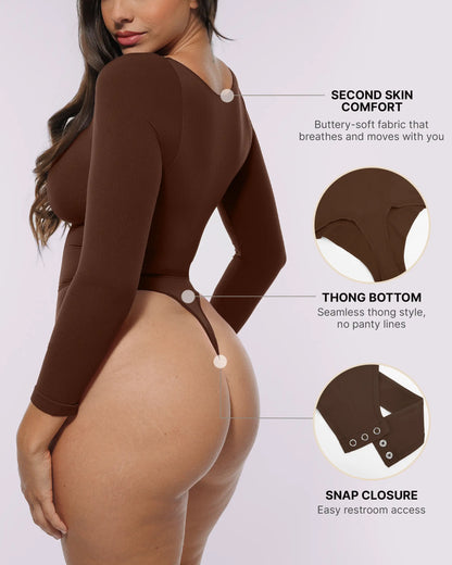 Skin Flow Long Sleeve Zipper Front Thong Bodysuit