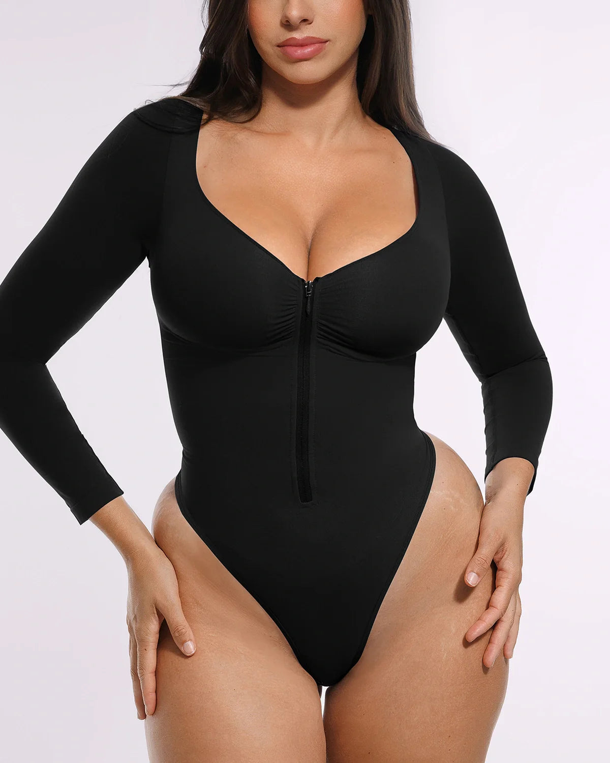Skin Flow Long Sleeve Zipper Front Thong Bodysuit