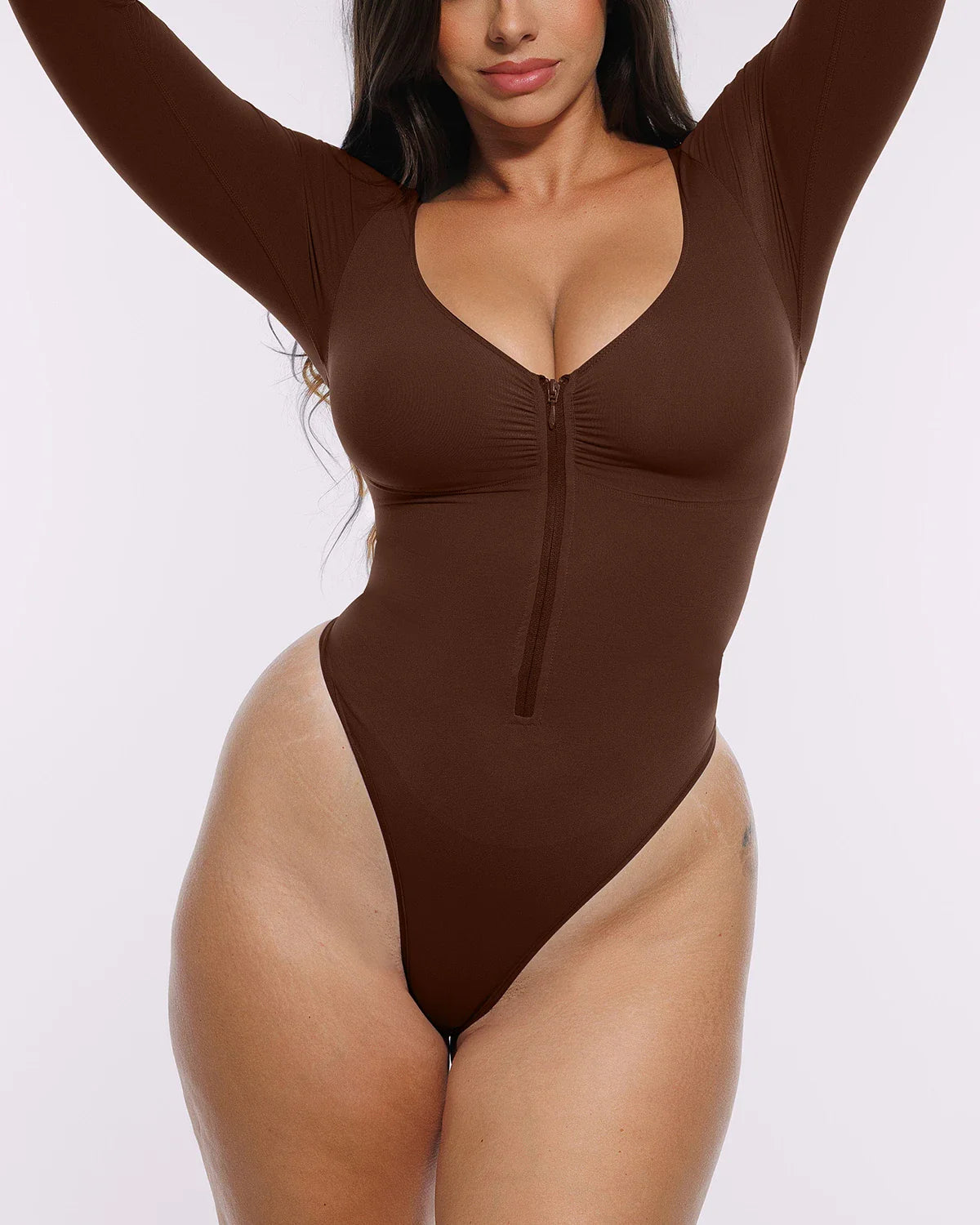 Skin Flow Long Sleeve Zipper Front Thong Bodysuit