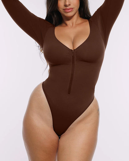 Skin Flow Long Sleeve Zipper Front Thong Bodysuit