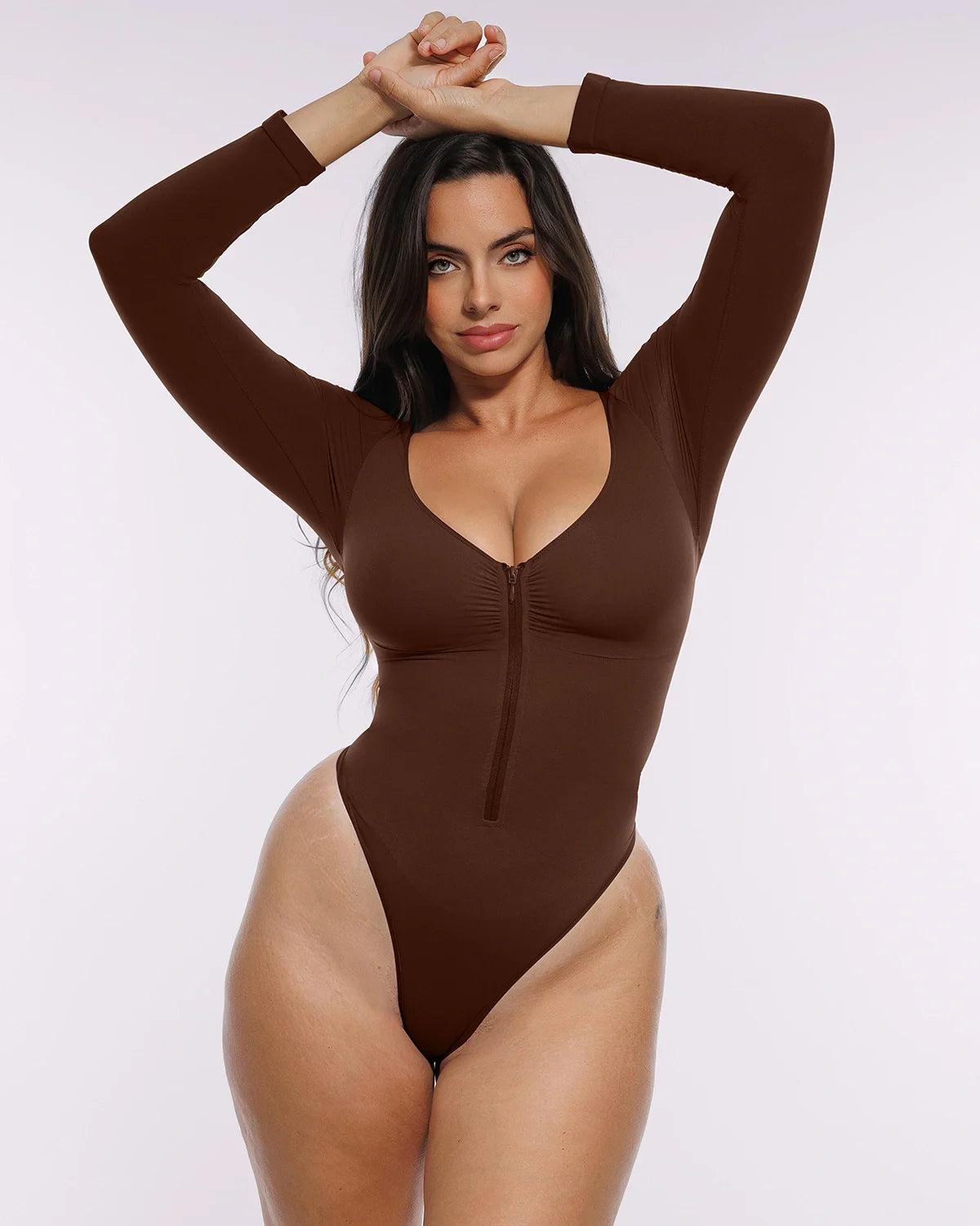 Skin Flow Long Sleeve Zipper Front Thong Bodysuit