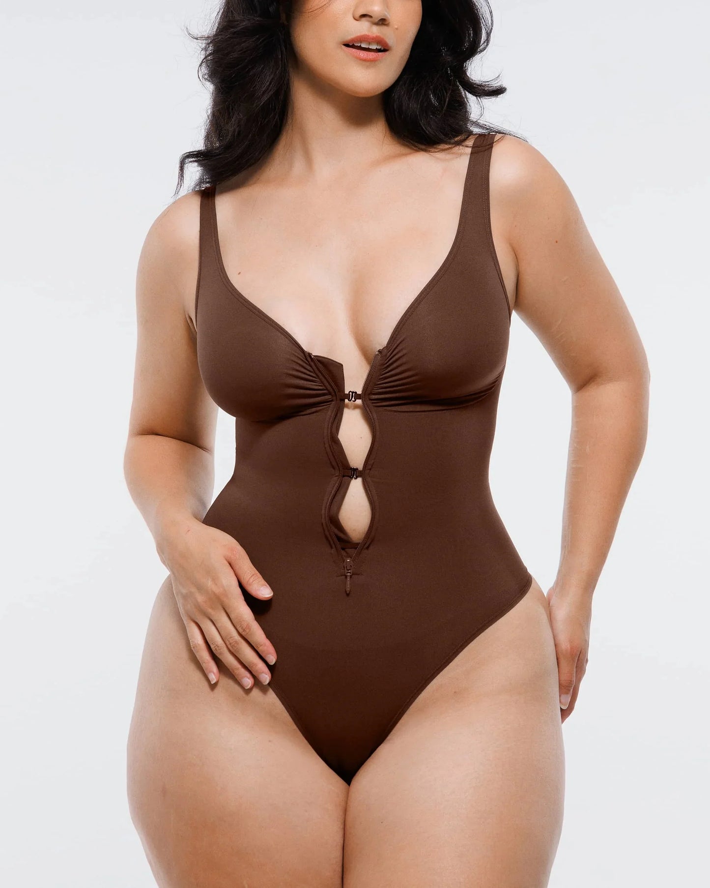 Skin Flow Zipper Front Thong Bodysuit