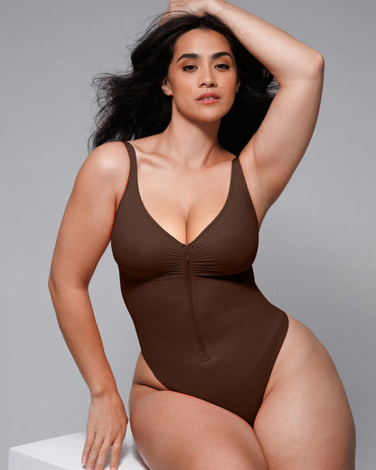 Skin Flow Zipper Front Thong Bodysuit
