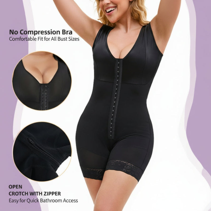 Black compression bodysuit with open crotch and zipper, suitable for all bust sizes.