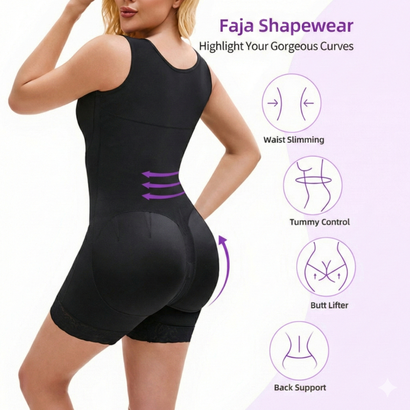 Black faja shapewear with features highlighted on a white background