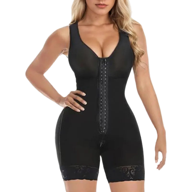 Black shapewear bodysuit worn by a model on a white background
