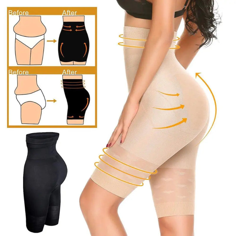 Woman wearing a beige shapewear with before and after illustrations on a white background
