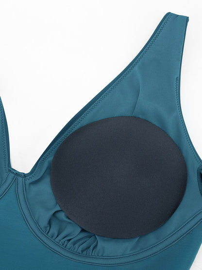 Deep V Ruched Mesh One-Piece Swimsuit with Removable Pads