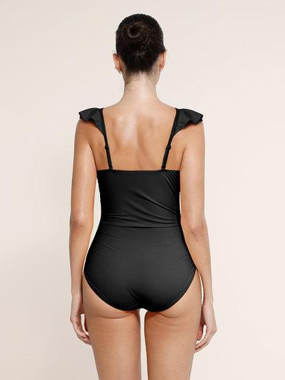 Ruffled V-Neck Lace-Up One-Piece Swimsuit