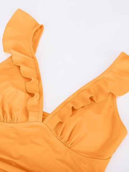 Ruffled V-Neck Lace-Up One-Piece Swimsuit