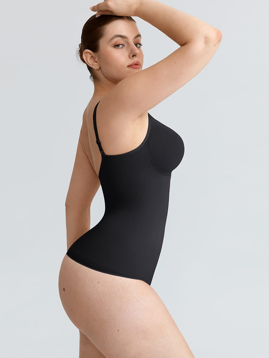 Naadloze V-hals body met geplooid borstgedeelte, buikcorrectie en string-model