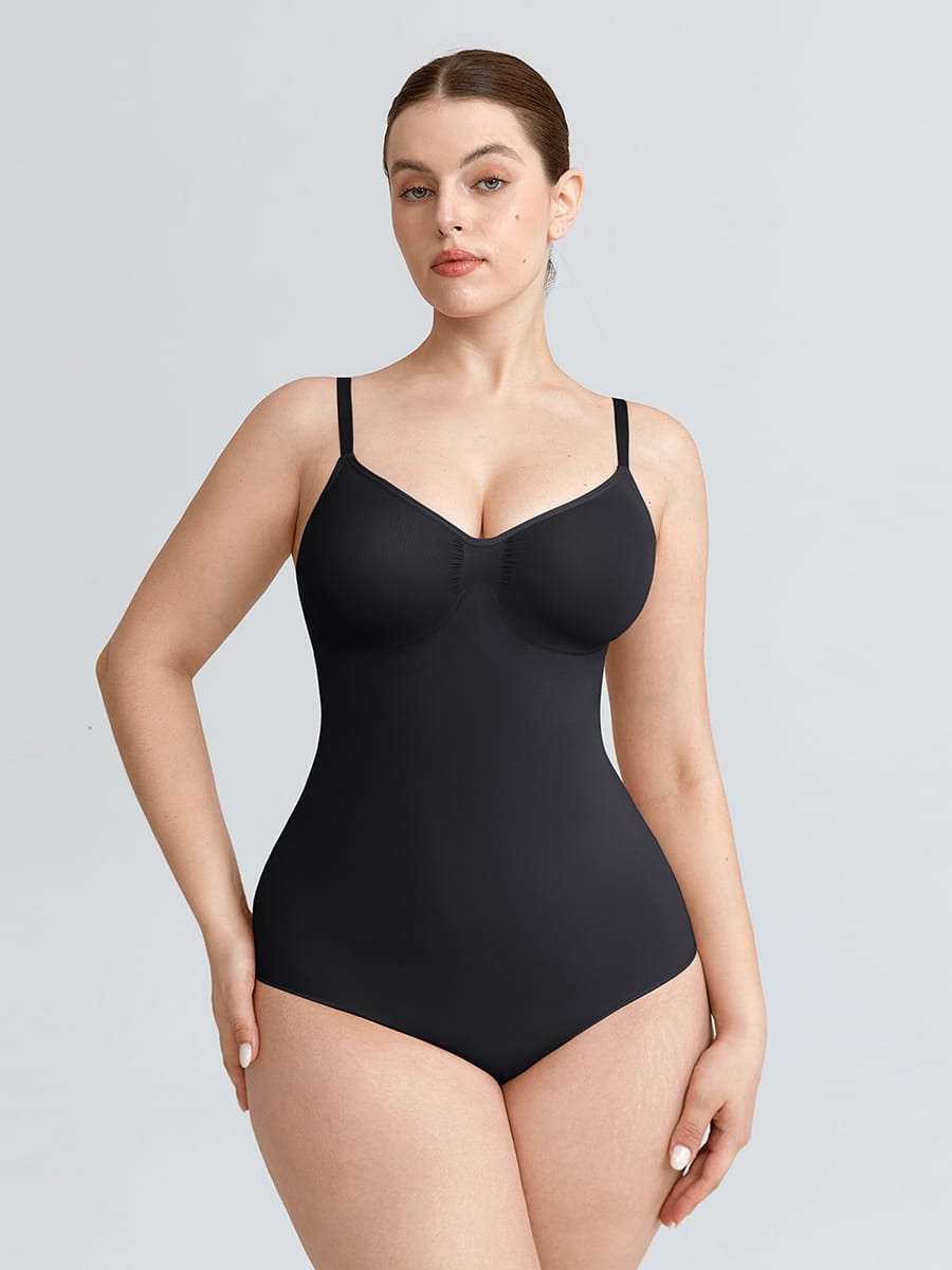 Naadloze V-hals body met geplooid borstgedeelte, buikcorrectie en string-model