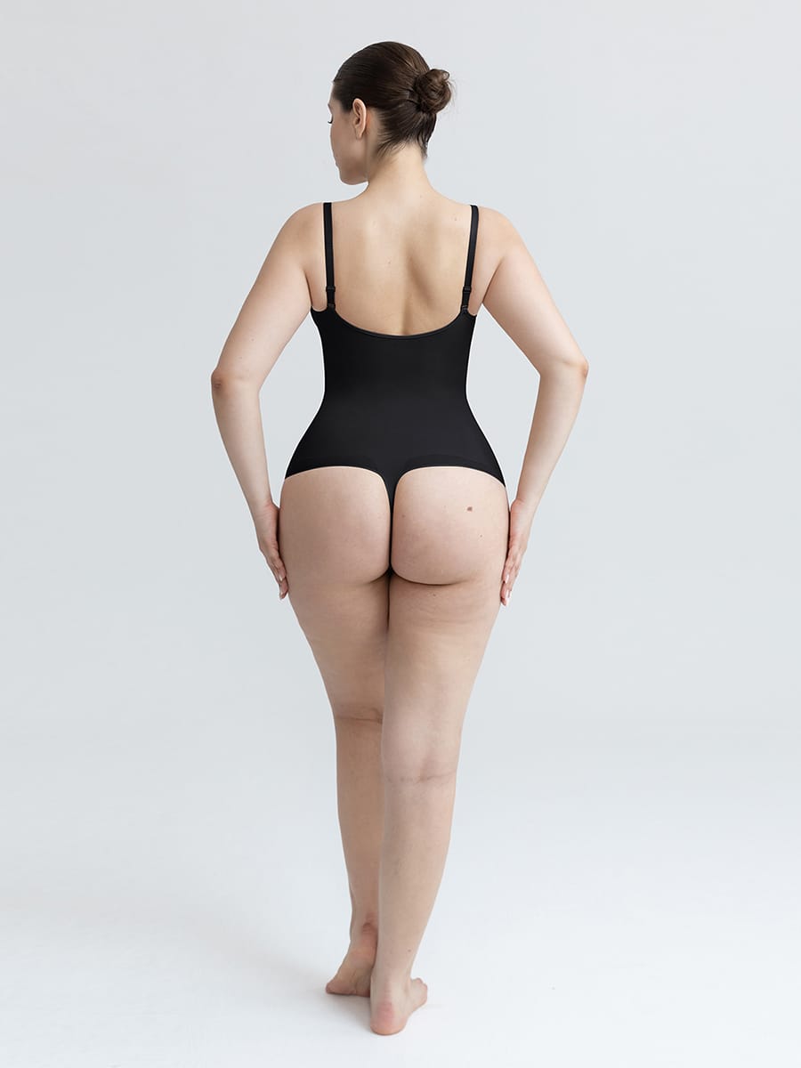 Naadloze V-hals body met geplooid borstgedeelte, buikcorrectie en string-model