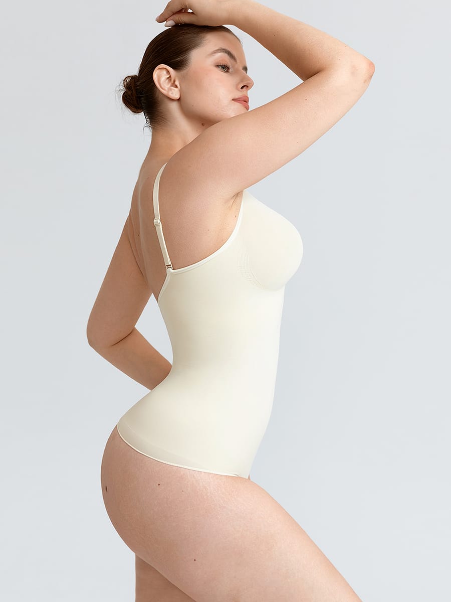 Naadloze V-hals body met geplooid borstgedeelte, buikcorrectie en string-model