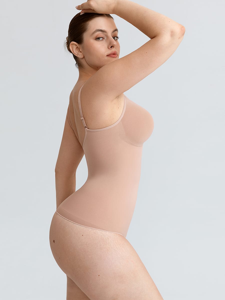 Naadloze V-hals body met geplooid borstgedeelte, buikcorrectie en string-model