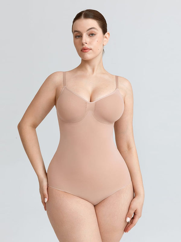 Nahtloser Tanga-Body mit V-Ausschnitt, geraffter Brustpartie und bauchweg-Effekt